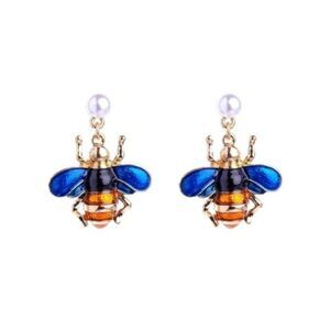 Blue Enamel Glaze Pearl Bumble Bee Gold Statement Dangle Earrings
